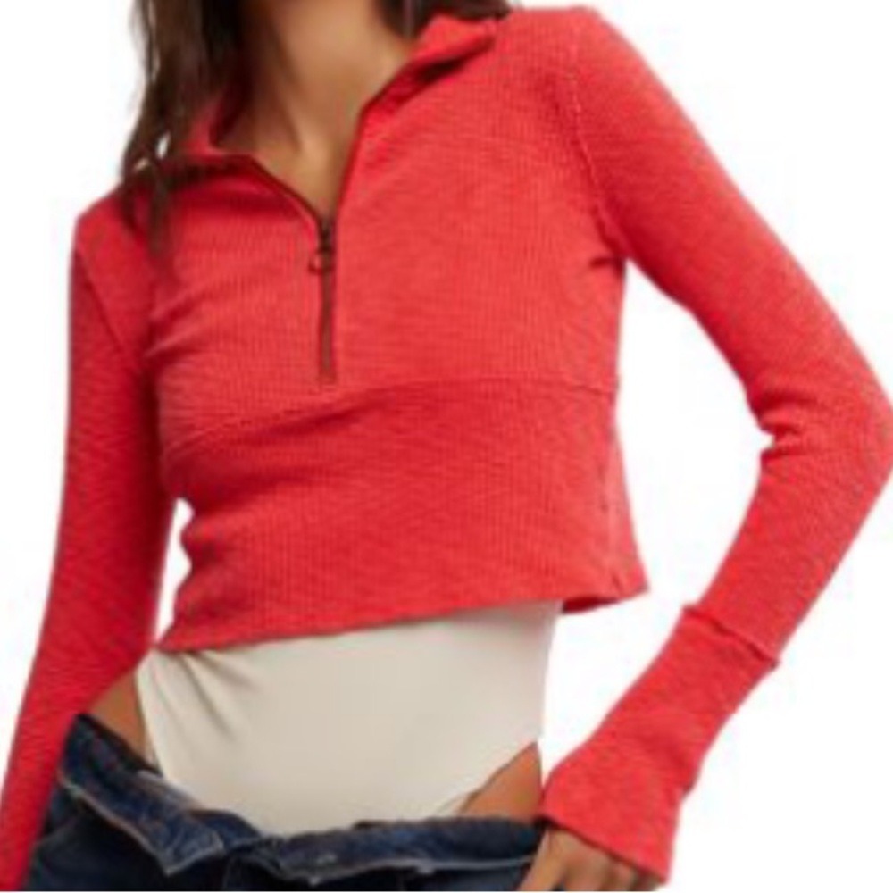 Free People Coral Half Zip-Up Crop Top